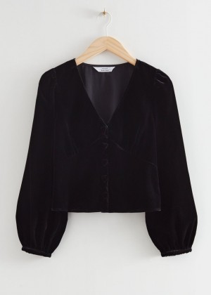 Bluzka & Other Stories Fitted Velvet Puff Sleeve Damske Čierne | SK-YA5402137