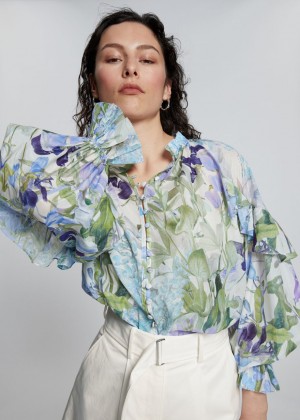 Bluzka & Other Stories Relaxed Frill Detail Damske Béžové Modre | SK-YO9176350
