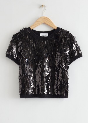 Crop Top & Other Stories Pletené Sequin Cropped Damske Čierne | SK-TQ7605192