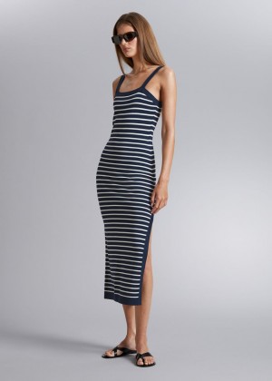 Saty & Other Stories Fitted Pruhované Midi Damske Tmavo Modre Biele | SK-PU1894602