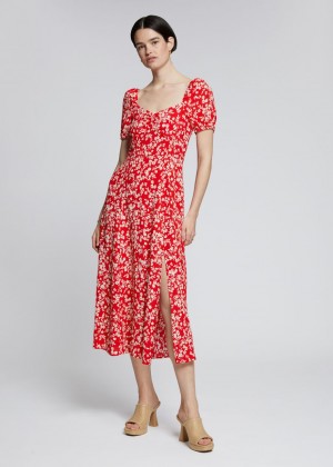 Saty & Other Stories Flowy Puff Sleeve Midi Damske Červené | SK-XC3067824