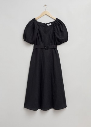 Saty & Other Stories Linen Puff Sleeve Midi Damske Čierne | SK-ZO3194256