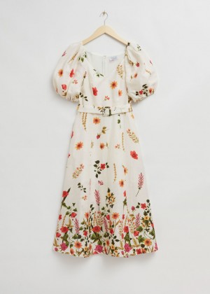 Saty & Other Stories Linen Puff Sleeve Midi Damske Biele | SK-WA0872436