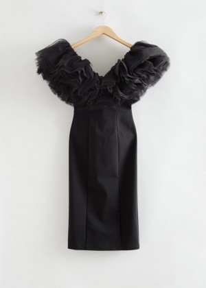 Saty & Other Stories Multi Ruffled V-Neck Damske Čierne | SK-RE4038951