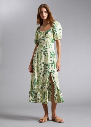 Saty & Other Stories Puff Sleeve Linen Midi Damske Krém Zelene | SK-CO3415679