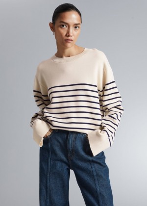 Sveter & Other Stories Boxy Nautical Pruhované Damske Krém Tmavo Modre | SK-PF4193627