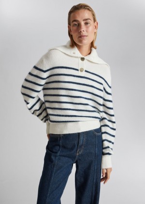 Sveter & Other Stories Collared Knit Damske Biele Námornícka Modrá | SK-RP0398562
