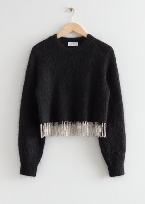 Sveter & Other Stories Diamonte Fringed Cropped Damske Čierne | SK-TU9352187