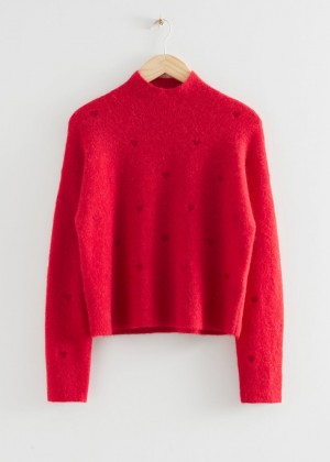 Sveter & Other Stories Heart Embroidered Mock Neck Damske Červené | SK-XO3720469