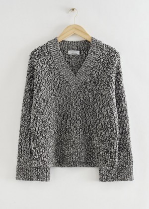 Sveter & Other Stories Oversized Deep V-Neck Damske Čierne Biele | SK-OA7528496