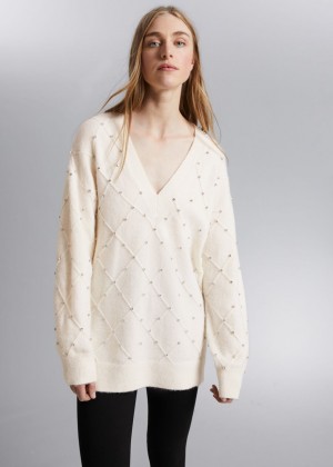 Sveter & Other Stories Rhinestone Embellished Vlna Damske Krém | SK-AW2736804