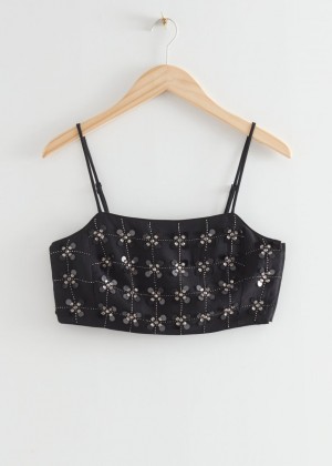 Topy & Other Stories Cropped Embroidered Party Damske Čierne | SK-LC5879624