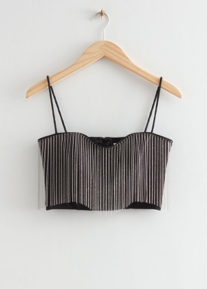Topy & Other Stories Fitted Rhinestone Fringed Crop Damske Čierne | SK-DZ5631094