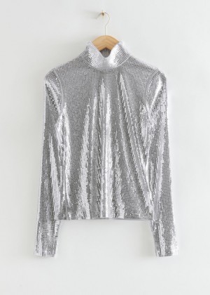 Topy & Other Stories Fitted Sequin Turtleneck Damske Strieborne | SK-RJ3687941