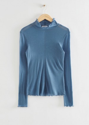 Topy & Other Stories Frilled Tight Mock Neck Damske Modre | SK-JZ0978124